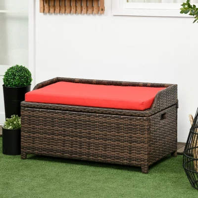 Outsunny Patio Wicker Storage Bench, Cushioned Outdoor PE Rattan Patio Furniture, Assisted Easy Open, Two-In-One Seat Box With Handles Seat, Red 4 Outsunny Patio Wicker Storage Bench, Cushioned Outdoor PE Rattan Patio Furniture, Assisted Easy Open, Two-In-One Seat Box With Handles Seat, Red - Image 2