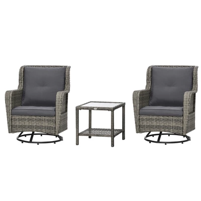 Outsunny 3-Piece Patio Bistro Set, PE Rattan Wicker Outdoor Furniture, Soft Cushions, 2 360 Swivel Rocking Chairs, 2-Tier Coffee Table 5 Outsunny 3-Piece Patio Bistro Set, PE Rattan Wicker Outdoor Furniture, Soft Cushions, 2 360 Swivel Rocking Chairs, 2-Tier Coffee Table - Image 3