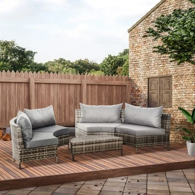 Outsunny 5-piece Half-Moon Outdoor Sectional Sofa, PE Rattan Wicker Furniture With Couch, Table & Cushions, Gray 4 Outsunny 5-piece Half-Moon Outdoor Sectional Sofa, PE Rattan Wicker Furniture With Couch, Table & Cushions, Gray - Image 2