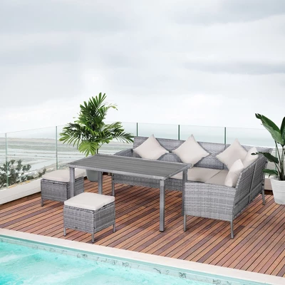 Outsunny 5 Piece Patio Furniture Set, Outdoor L-Shaped Sectional Sofa With 3 Loveseats, 2 Ottoman Chairs, Dining Table, Cushions, Storage, Beige 3 Outsunny 5 Piece Patio Furniture Set, Outdoor L-Shaped Sectional Sofa With 3 Loveseats, 2 Ottoman Chairs, Dining Table, Cushions, Storage, Beige