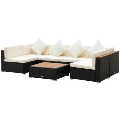 Outsunny 7-Piece Outdoor Wicker Sofa Set, PE Rattan Sectional Furniture Patio Couch W/ Acacia Top Coffee Table & Cushion For Garden, Backyard, 4 Outsunny 7-Piece Outdoor Wicker Sofa Set, PE Rattan Sectional Furniture Patio Couch W/ Acacia Top Coffee Table & Cushion For Garden, Backyard, - Image 2