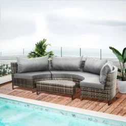 Outsunny 6 Outsunny 5-piece Half-Moon Outdoor Sectional Sofa, PE Rattan Wicker Furniture With Couch, Table & Cushions, Gray