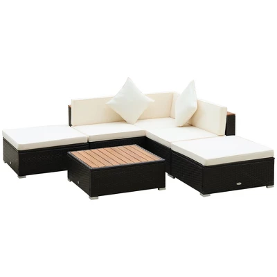 Outsunny 6 Piece Patio Furniture Set, Outdoor Rattan Sectional Sofa Couch With Chaise Lounge Sides, Coffee Table, Pillows & Cushions, Wood Trim, Gray 5 Outsunny 6 Piece Patio Furniture Set, Outdoor Rattan Sectional Sofa Couch With Chaise Lounge Sides, Coffee Table, Pillows & Cushions, Wood Trim, Gray - Image 3