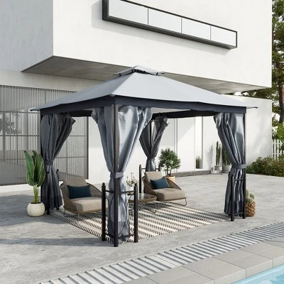 Outsunny 13' X 11' Patio Gazebo Canopy Garden Tent Sun Shade, Outdoor Shelter With 2 Tier Roof, Netting And Curtains, Steel Frame For Patio, Backyard, Garden 4 Outsunny 13' X 11' Patio Gazebo Canopy Garden Tent Sun Shade, Outdoor Shelter With 2 Tier Roof, Netting And Curtains, Steel Frame For Patio, Backyard, Garden - Image 2