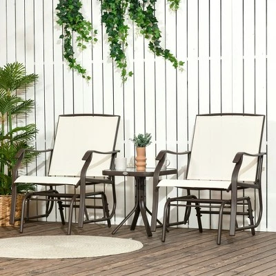 Outsunny 3 Piece Outdoor Glider Chair With Coffee Table Bistro Set, 2 Patio Rocking Chairs With Breathable Sling Fabric, Glass Tabletop, Cream White 4 Outsunny 3 Piece Outdoor Glider Chair With Coffee Table Bistro Set, 2 Patio Rocking Chairs With Breathable Sling Fabric, Glass Tabletop, Cream White - Image 2
