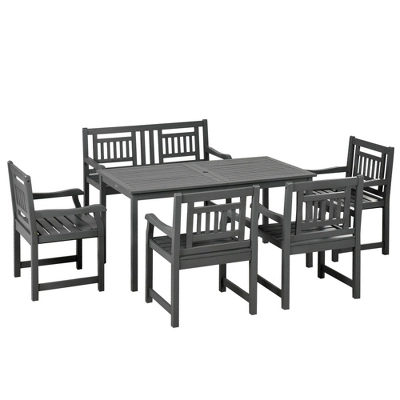 Outsunny 6 Piece Patio Dining Set, Outdoor Poplar Wood Furniture Set, Umbrella Hole Table And Chairs With Bench, Dark Gray 5 Outsunny 6 Piece Patio Dining Set, Outdoor Poplar Wood Furniture Set, Umbrella Hole Table And Chairs With Bench, Dark Gray - Image 3