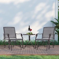 Outsunny 3 Pcs Outdoor Gliders Set Bistro Set With Glass Top Table For Patio, Garden, Backyard, Lawn, Gray