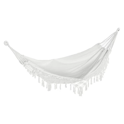 Outsunny Extra Large Boho Hammock With Macrame Tassel Fringe, Includes Carrying Bag, Indoor Outdoor Tree Hammock For Porch, Backyard, Camping, White 5 Outsunny Extra Large Boho Hammock With Macrame Tassel Fringe, Includes Carrying Bag, Indoor Outdoor Tree Hammock For Porch, Backyard, Camping, White - Image 3