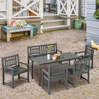 Outsunny 6 Piece Patio Dining Set, Outdoor Poplar Wood Furniture Set, Umbrella Hole Table And Chairs With Bench, Dark Gray 4 Outsunny 6 Piece Patio Dining Set, Outdoor Poplar Wood Furniture Set, Umbrella Hole Table And Chairs With Bench, Dark Gray - Image 2
