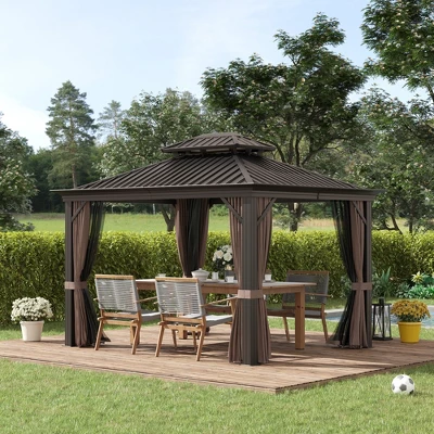 Outsunny Patio Gazebo 12' X 10', Netting & Curtains, Double Vented Steel Roof, Permanent Hardtop, Ceiling Hooks, Rust Proof Aluminum Frame, Dark Brown 4 Outsunny Patio Gazebo 12' X 10', Netting & Curtains, Double Vented Steel Roof, Permanent Hardtop, Ceiling Hooks, Rust Proof Aluminum Frame, Dark Brown - Image 2