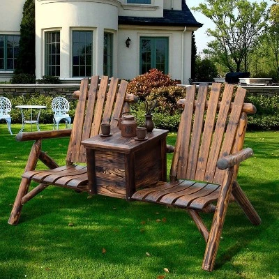 Outsunny Wooden Double Adirondack Chair Loveseat With Inset Ice Bucket, Table, Rustic Look, & Weather-Resistant Varnish 3 Outsunny Wooden Double Adirondack Chair Loveseat With Inset Ice Bucket, Table, Rustic Look, & Weather-Resistant Varnish