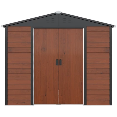Outsunny 94.5" X 81" Outdoor Storage Shed, Galvanized Steel Metal Garden Shed With Double Sliding Lockable Door, Floor Frame, Vents, Teak 6 Outsunny 94.5" X 81" Outdoor Storage Shed, Galvanized Steel Metal Garden Shed With Double Sliding Lockable Door, Floor Frame, Vents, Teak - Image 4