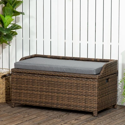 Outsunny Storage Bench Rattan Wicker Garden Deck Box Bin With Interior Waterproof Bag And Comfy Cushion, Gray 3 Outsunny Storage Bench Rattan Wicker Garden Deck Box Bin With Interior Waterproof Bag And Comfy Cushion, Gray - Image 2