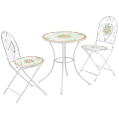 Outsunny 3 Piece Patio Bistro Set, Metal Folding Chairs, Foldable Outdoor Dining Table, Stone Flower Mosaic Spring Flower Pattern, White -Outsunny GUEST a8ef4ab1 aee4 4e4b 9234 fa0b2d0d267d