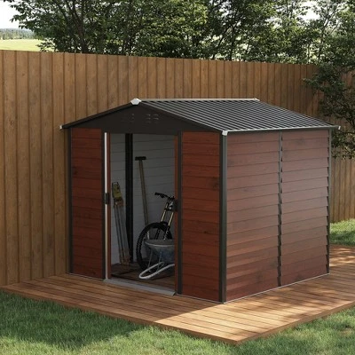 Outsunny 94.5" X 81" Outdoor Storage Shed, Galvanized Steel Metal Garden Shed With Double Sliding Lockable Door, Floor Frame, Vents, Teak 4 Outsunny 94.5" X 81" Outdoor Storage Shed, Galvanized Steel Metal Garden Shed With Double Sliding Lockable Door, Floor Frame, Vents, Teak - Image 2