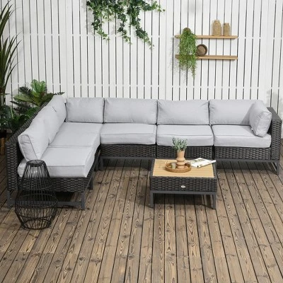 Outsunny 7 Piece Outdoor Patio Furniture Set, PE Rattan Wicker Sectional Sofa Set W/ Couch Cushions, Aluminum Frame & Composite Table, Light Gray 4 Outsunny 7 Piece Outdoor Patio Furniture Set, PE Rattan Wicker Sectional Sofa Set W/ Couch Cushions, Aluminum Frame & Composite Table, Light Gray - Image 2