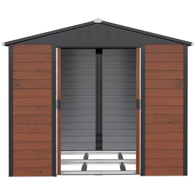 Outsunny 94.5" X 81" Outdoor Storage Shed, Galvanized Steel Metal Garden Shed With Double Sliding Lockable Door, Floor Frame, Vents, Teak 7 Outsunny 94.5" X 81" Outdoor Storage Shed, Galvanized Steel Metal Garden Shed With Double Sliding Lockable Door, Floor Frame, Vents, Teak - Image 5