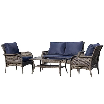 Outsunny 4-Piece Outdoor Wicker Sofa Set, Outdoor PE Rattan Conversation Furniture With 4 Chairs & Table, Water-Fighting Material 4 Outsunny 4-Piece Outdoor Wicker Sofa Set, Outdoor PE Rattan Conversation Furniture With 4 Chairs & Table, Water-Fighting Material - Image 2