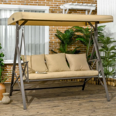 Outsunny 3-Seat Patio Swing Chair, Outdoor Canopy Swing Glider With Cushion With 3 Throw Pillows & Adjustable Shade For Porch, Khaki 4 Outsunny 3-Seat Patio Swing Chair, Outdoor Canopy Swing Glider With Cushion With 3 Throw Pillows & Adjustable Shade For Porch, Khaki - Image 2
