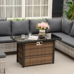 Outsunny 43in Outdoor Propane Gas Fire Pit Table, 50,000 BTU Auto-Ignition Wicker Gas Firepit With Glass Wind Guard, Blue Glass Rock, Brown