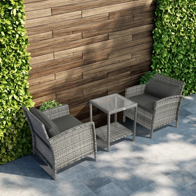 Outsunny 3 Pcs Rattan Wicker Bistro Set With Soft Cushions, Outdoor Conversation Coffee Sets With Glass Table Top And Open Storage Shelf For Patio, Backyard, Garden 3 Outsunny 3 Pcs Rattan Wicker Bistro Set With Soft Cushions, Outdoor Conversation Coffee Sets With Glass Table Top And Open Storage Shelf For Patio, Backyard, Garden