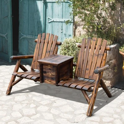 Outsunny Wooden Double Adirondack Chair Loveseat With Inset Ice Bucket, Table, Rustic Look, & Weather-Resistant Varnish 4 Outsunny Wooden Double Adirondack Chair Loveseat With Inset Ice Bucket, Table, Rustic Look, & Weather-Resistant Varnish - Image 2