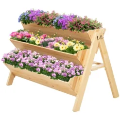 Outsunny 3-Tiers Raised Garden Bed Raised Garden Boxes Wooden Plant Stand With Side Hooks, Great For Flowers Herbs Vegetables, Natural -Outsunny GUEST ce606ab1 62e8 49ca 8867 6d271d1bab49