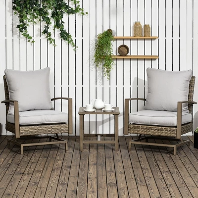 Outsunny 3-Piece Patio Bistro Set, PE Rattan Wicker Outdoor Furniture With Soft Cushions, 2 Rocking Chairs, Slatted Coffee Table, Gray 4 Outsunny 3-Piece Patio Bistro Set, PE Rattan Wicker Outdoor Furniture With Soft Cushions, 2 Rocking Chairs, Slatted Coffee Table, Gray - Image 2