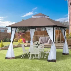 Outsunny 116.25" X 116.25" Outdoor Patio Gazebo Canopy Tent With Mesh Sidewalls, 2-Tier Canopy For Backyard, Coffee