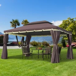 Outsunny 10' X 13' Patio Gazebo, 2-Tier Polyester Roof, Vented Canopy, Mesh, Portable Aluminum Frame For Outdoor