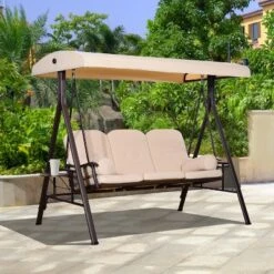 Outsunny Outdoor Patio 3-Person Steel Canopy Cushioned Seat Bench Swing With Included Side Trays & Padded Comfort