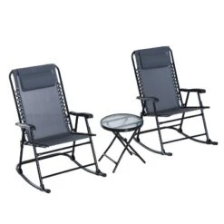 Outsunny 3 Piece Outdoor Rocking Bistro Set, Patio Folding Chair Table Set With Glass Coffee Table For Yard, Patio, Deck, Backyard -Outsunny GUEST db193652 7b60 45fc 87f5 5228ff8bbca1