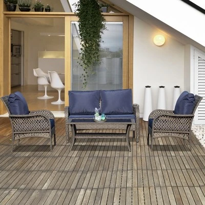 Outsunny 4-Piece Outdoor Wicker Sofa Set, Outdoor PE Rattan Conversation Furniture With 4 Chairs & Table, Water-Fighting Material 3 Outsunny 4-Piece Outdoor Wicker Sofa Set, Outdoor PE Rattan Conversation Furniture With 4 Chairs & Table, Water-Fighting Material