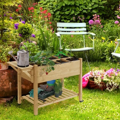 Outsunny 49" X 21" X 34" Raised Garden Bed W/ 8 Grow Grids, Outdoor Wood Plant Box Stand W/ Folding Side Table And Wheels, Natural 4 Outsunny 49" X 21" X 34" Raised Garden Bed W/ 8 Grow Grids, Outdoor Wood Plant Box Stand W/ Folding Side Table And Wheels, Natural - Image 2
