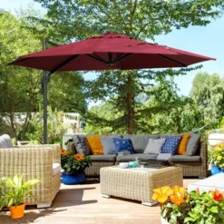 Outsunny 9.8' Offset Patio Umbrella With Base, Steel Aluminum Cantilever Umbrella With 360-degree Rotation, Tilt, 8 Ribs, Crank, Cross Base, Red 8 Outsunny 9.8' Offset Patio Umbrella With Base, Steel Aluminum Cantilever Umbrella With 360-degree Rotation, Tilt, 8 Ribs, Crank, Cross Base, Red -Outsunny GUEST e8ca19ab 0df3 4573 ac27 d8e20d3dbd3c