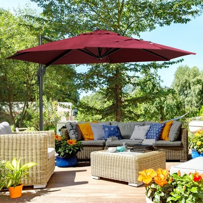 Outsunny 9.8' Offset Patio Umbrella With Base, Steel Aluminum Cantilever Umbrella With 360-degree Rotation, Tilt, 8 Ribs, Crank, Cross Base, Red 4 Outsunny 9.8' Offset Patio Umbrella With Base, Steel Aluminum Cantilever Umbrella With 360-degree Rotation, Tilt, 8 Ribs, Crank, Cross Base, Red - Image 2