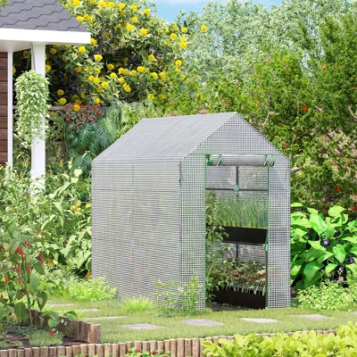 Outsunny 47.25" X 73.25" X 74.25" Walk-in Greenhouse, Outdoor Portable Plant Flower Growing Warm House With Roll-up Door And 4 Shelves, White 3 Outsunny 47.25" X 73.25" X 74.25" Walk-in Greenhouse, Outdoor Portable Plant Flower Growing Warm House With Roll-up Door And 4 Shelves, White