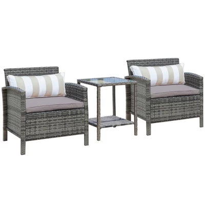 Outsunny 3 Pcs Rattan Wicker Bistro Set With Soft Cushions, Outdoor Conversation Coffee Sets With Glass Table Top And Open Storage Shelf For Patio, Backyard, Garden 11 Outsunny 3 Pcs Rattan Wicker Bistro Set With Soft Cushions, Outdoor Conversation Coffee Sets With Glass Table Top And Open Storage Shelf For Patio, Backyard, Garden - Image 9