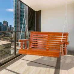 Outsunny 46" 2-Person Porch Swing Wooden Patio Swing Bench With Cup Holders, Slatted Design, & Chains Included, 440lb Weight Capacity -Outsunny GUEST ef37cc61 9303 471d bc30 bf8e914c0b90