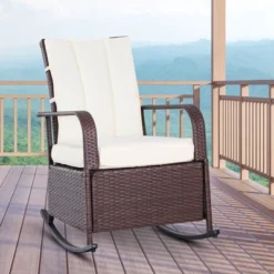 Outsunny 12 Outsunny Outdoor Rattan Wicker Rocking Chair Patio Recliner With Soft Cushion, Adjustable Footrest, Max. 135 Degree Backrest