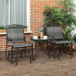 Outsunny Set Of 2 Outdoor Glider Chairs, Porch & Patio Rockers For Deck With PE Rattan Seats, Steel Frames For Garden, Backyard, Poolside, Gray