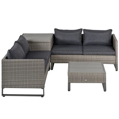 Outsunny 4 Piece Patio Furniture Set, Outdoor Sofa Set With 2 Loveseats, Cushions, Coffee Table, Storage Side Table, PE Rattan Wicker, Gray 4 Outsunny 4 Piece Patio Furniture Set, Outdoor Sofa Set With 2 Loveseats, Cushions, Coffee Table, Storage Side Table, PE Rattan Wicker, Gray - Image 2